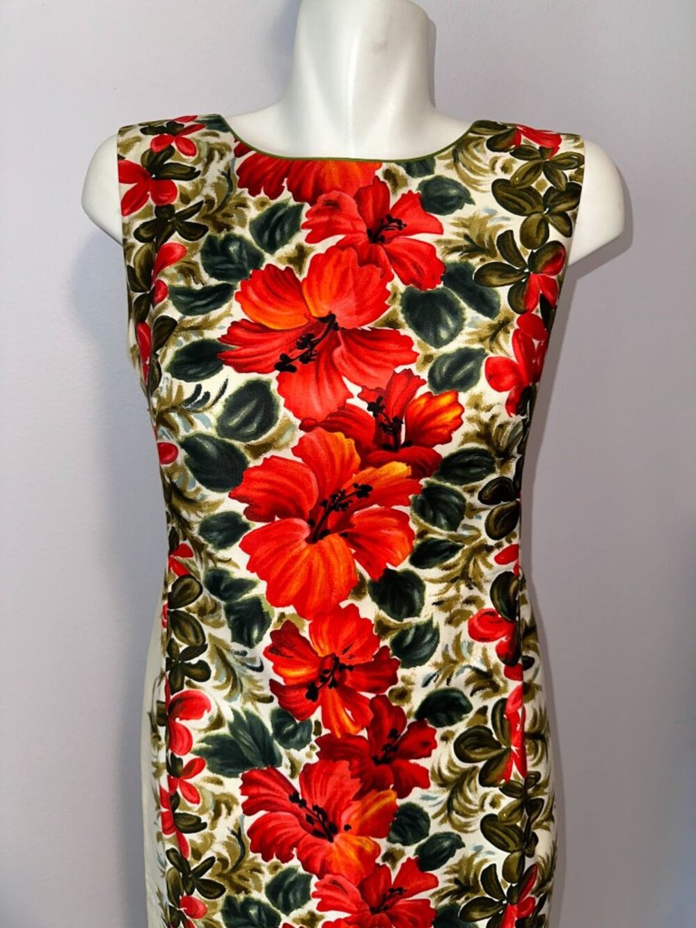 Vintage 60s Tiki Mod Hawaiian Maxi Dress Red Hibiscus Floral Train Hostess Gown - Picture 3 of 9